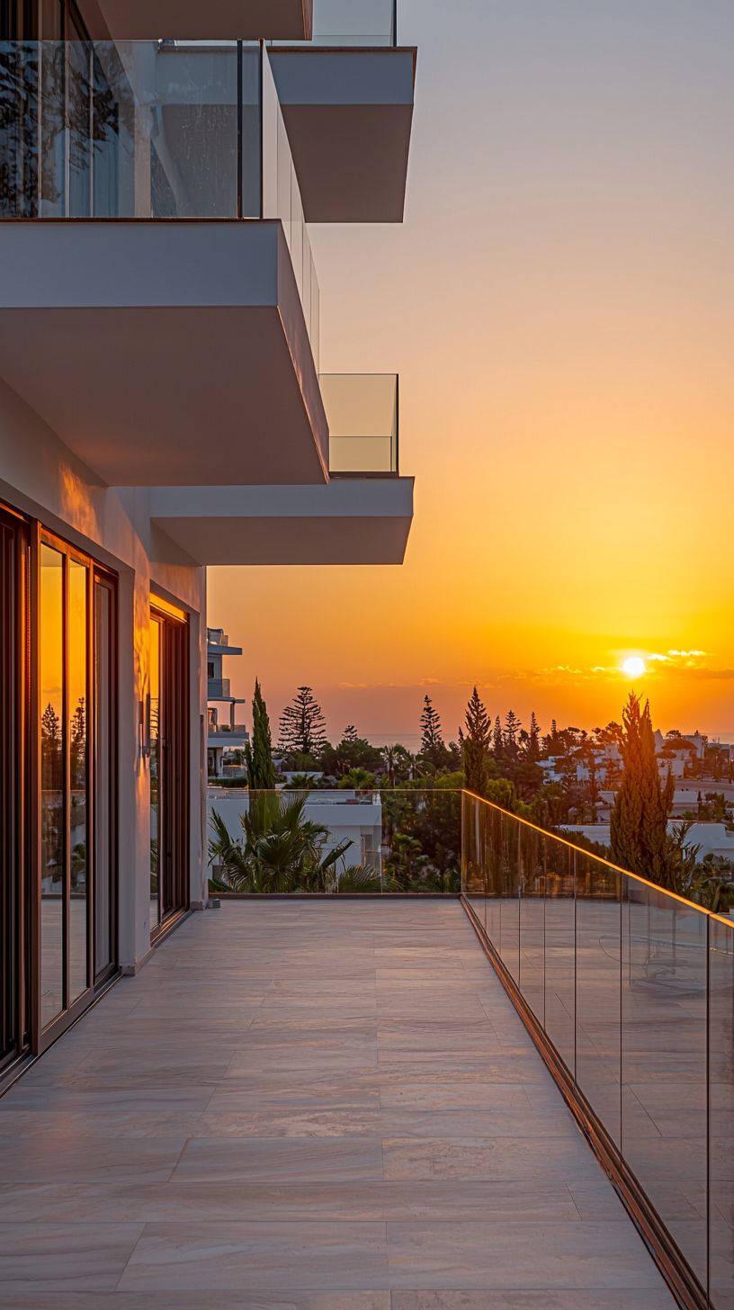 modern apartment terrace at golden hour overlooking the Mediterranean